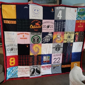 Customizable T-Shirt Memory Quilt | QUEEN SIZE | 42 Squares | 7ft by 6ft | 12x12 Squares | Poly Batting | Cotton Backing-You pick the color! image 1