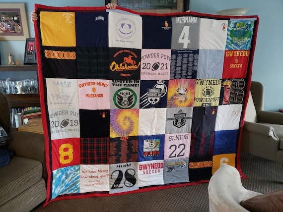 Customizable T-shirt Memory Quilt QUEEN SIZE 42 Squares 7ft by 6ft 12x12  Squares Poly Batting Cotton Backing-you Pick the Color 