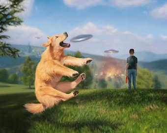 UFO Dog Canvas Print - funny golden retriever flying saucer oil painting - alien dog art