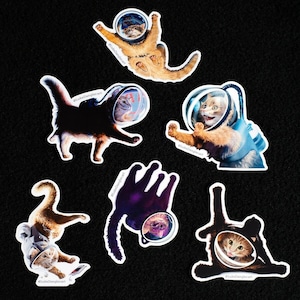 Space Cat Sticker Pack Set Of 6 Vinyl Stickers, Funny Cat Astronaut Stickers, Cute Animals Laptop Decal Cat Stickers image 1