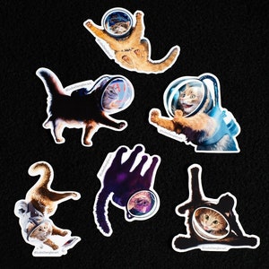 Space Cat Sticker Pack - Set Of 6 Vinyl Stickers, Funny Cat Astronaut Stickers, Cute Animals Laptop Decal Cat Stickers