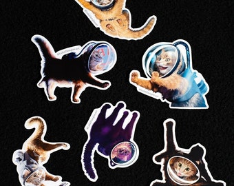 Space Cat Sticker Pack - Set Of 6 Vinyl Stickers, Funny Cat Astronaut Stickers, Cute Animals Laptop Decal Cat Stickers