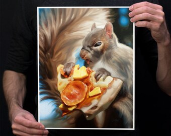 Squirrel Eating Pizza Art Print - funny squirrel eating pineapple pizza oil painting print