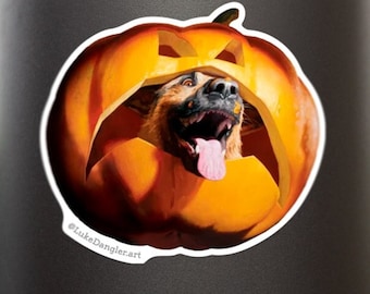 Dog Pumpkin Sticker - Halloween Puppy jack-o'-lantern, laptop stickers, German Shepherd, vinyl stickers, funny sticker