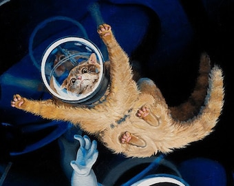 Cat Astronaut Print "Liftoff" - space painting cat themed gifts