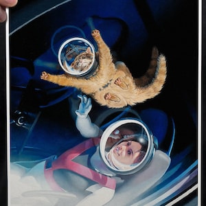 Space Cat Oil Painting Fine Art Print &quot;Liftoff&quot; Size 8x10 Print with Matching Vinyl Sticker, Funny Cat Astronaut Home Decor, Small Print