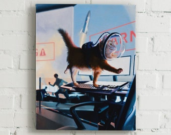 Impresión en lienzo "Misión Ctrl" de un gato astronauta - Pintura espacial de gato con teclado