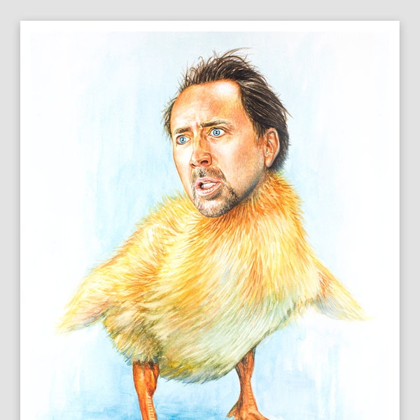 Nicolas Cage Duck - Fine Art Print from Nic Cage watercolor painting - nicholas cage parody funny cubicle decor weird gifts