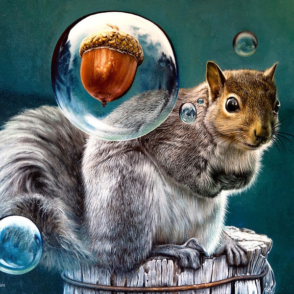 Squirrel Nut Bubble Fine Art Print - oil painting, nature, nut, funny, acorn, surreal