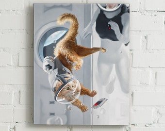 Impresión en lienzo de un gato astronauta "Intruso" Pintura espacial - pintura al óleo de un gato astronauta