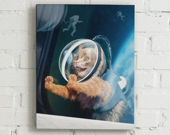 Cat Astronaut Canvas Print "Orbit" Space Painting - cat oil painting astronaut print