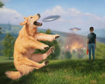 Big Frisbee Art Print - funny golden retriever UFO oil painting - alien dog art