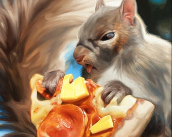 Squirrel Eating Pizza Canvas Print - funny squirrel eating pineapple pizza oil painting print