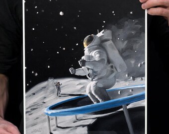Moon Trampoline Art Print - "Giant Leap" funny oil painting space art