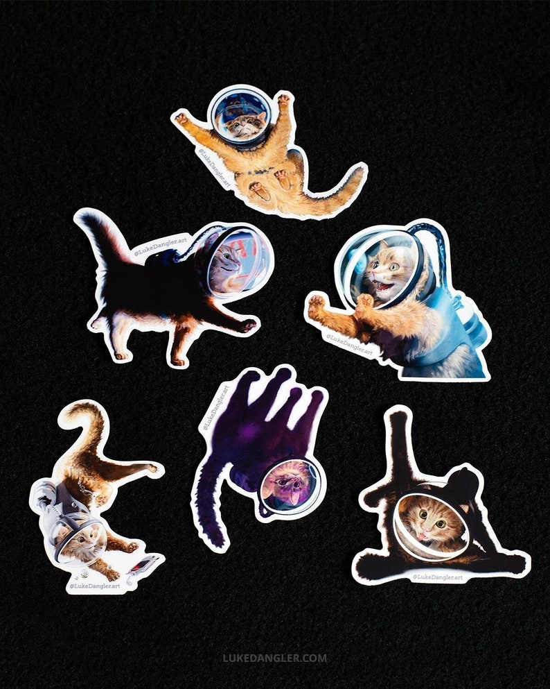 Space Cat Sticker Pack Set Of 6 Vinyl Stickers, Funny Cat Astronaut Stickers, Cute Animals Laptop Decal Cat Stickers image 1