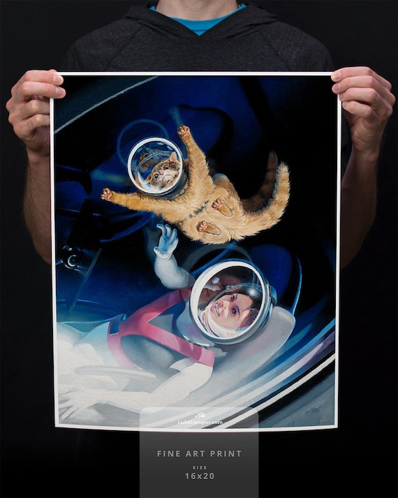 Cat Astronaut Print "Liftoff" - space painting cat themed gifts