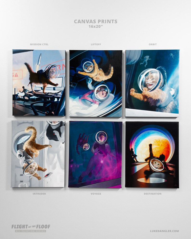 May include: Six 16x20 inch canvas prints featuring whimsical artwork. Each print depicts a cat in a space helmet, engaging in various space-themed activities. The prints are titled "Mission Ctrl", "Liftoff", "Orbit", "Intruder", "Voyage", and "Destination".