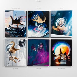 May include: Six 16x20 inch canvas prints featuring a series of illustrations titled "Flight of the Floof" depicting a cat in a spacesuit in various space-themed scenes. The scenes include "Mission Ctrl", "Liftoff", "Orbit", "Intruder", "Voyage", and "Destination".