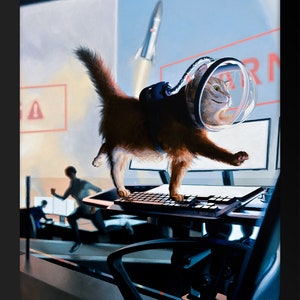 Cat Astronaut Oil Painting "Mission Ctrl" Print - keyboard cat space painting