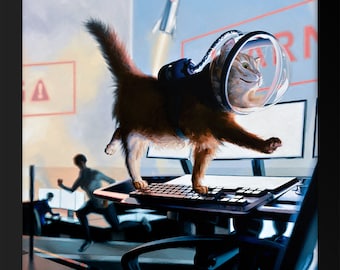 Cat Astronaut Oil Painting "Mission Ctrl" Print - keyboard cat space painting