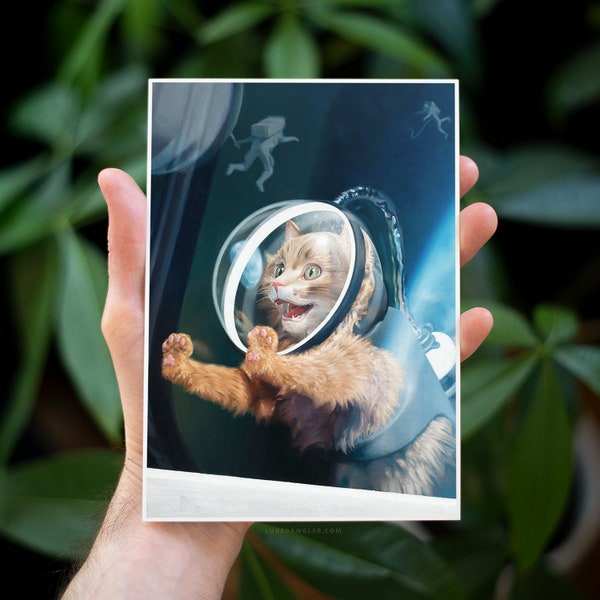 Cat in Space Oil Painting 5x7 Print with free Sticker - "Orbit" Astronaut Kitty - Funny Space Cat Home Decor, Cat Wall Art Small Print