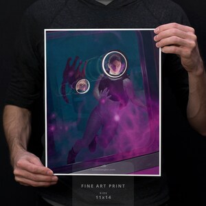 May include: A fine art print of a woman in a futuristic setting, surrounded by a purple glow. The woman is wearing a black jumpsuit and has a determined expression on her face. The print is 11x14 inches.