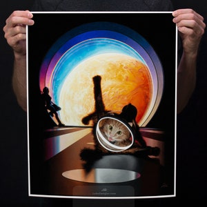 Space Cat Wall Art "Destination" Astronaut Print - Funny Cat Art Space Painting