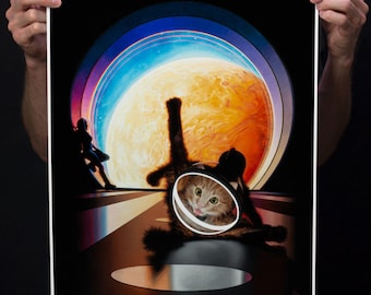 Space Cat Wall Art "Destination" Astronaut Print - Funny Cat Art Space Painting