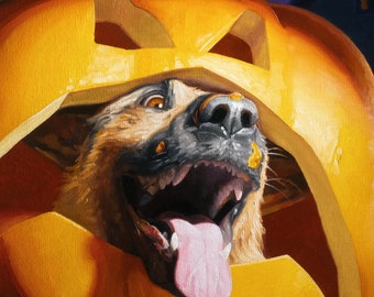 Pumpkin Dog Art Print - Happy German Shepherd Dog Oil Painting, German Shepherd gift