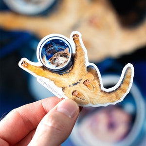 May include: A sticker featuring a whimsical illustration of a cat in an astronaut helmet, floating in space. The cat is orange and white, with its paws outstretched. The sticker has a white border and the artist's signature, "@LukeDanglerart."