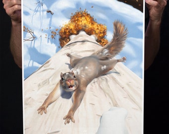 Squirrel Riding Rocket Art Print - funny squirrel oil painting print