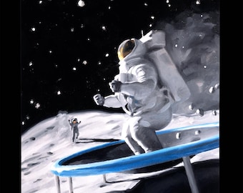 Moon Trampoline Canvas Print - "Giant Leap" funny oil painting space art