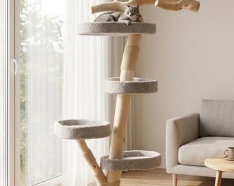 Cat Tree for Large Cats, Handmade, Wooden, Sisal Rope, Modern Tower