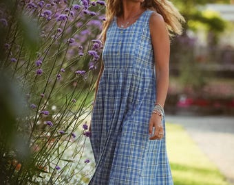 Vintage 90s Blue Gingham Plaid Button Down Sleeveless Midaxi Dress / S