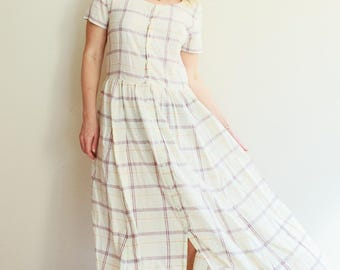 Muji Day Dress | Japanese Vintage | Beige Minimal Gingham Linen Dress - Etsy