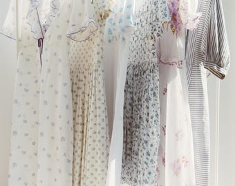 Vintage 70s 80s White Floral Cotton Dresses / 1970s Night Gowns