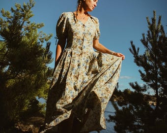 Vintage 80s 90s Châteaucore Blue Beige Floral Print Maxi Dress / M