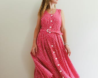 Vintage 80s Hot Pink Pin Up Polka Dot Button Down Midi Dress / Made in England / M/L