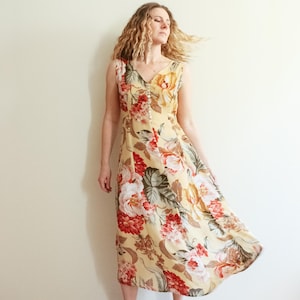 Vintage 90s Giorgio Kauten Yellow Floral Print Romantic Sleeveless Midi Dress / M