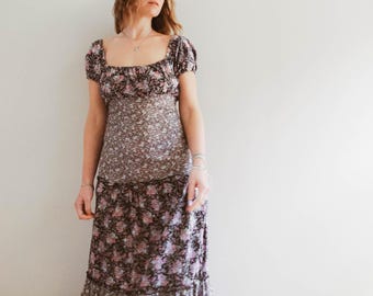 Vintage 70s 80s H&M Black Floral Maxi Dress / Vintage Ditsy Floral Prairie Dress