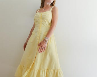 Vintage 80s 90s Butter Yellow Cotton Midi Dress / S