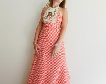Vintage 70s Red Gingham Embroidered Hippie Maxi Dress / S