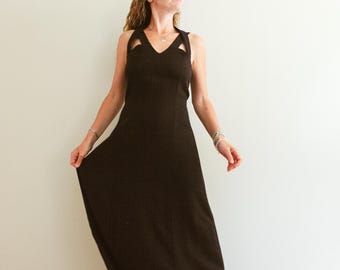 Vintage 90s Black Minimal Open Back Maxi Dress / 90s Black Evening Dress / Minimal Vintage Black Evening Dress / 90s Classic Evening Dress