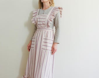 Vintage 90s Pastel Lilac Striped Cotton Pinafore Dress / Scandinavian Design Cottagecore Ruffle Sleeves Apron