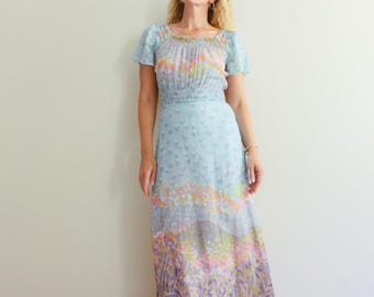 Vintage 70s Blue Pink Dreamy Romantic Floral Boho Maxi Dress / M