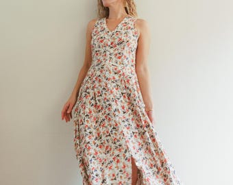 Vintage 90s White Ditsy Floral Sleeveless Midaxi Dress / Garden Wedding / Romantic Bridal / Wildflower Bride