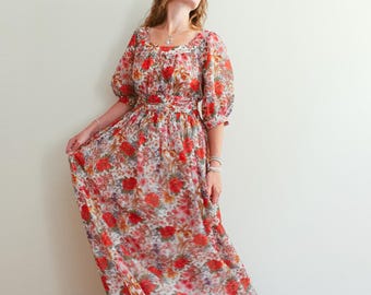 Sukienka maxi dla dziecka z szyfonu w kwiaty w stylu vintage z lat 70. w kolorze czerwonym / M