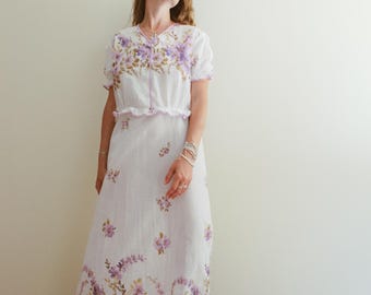Vintage 70s White Purple Floral Cotton Ethereal Maxi Dress / 1970s White Floral Night Gown / L