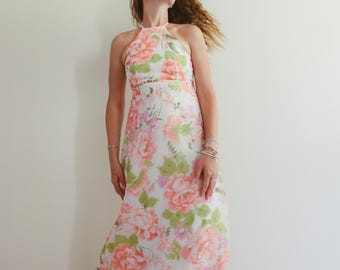 Vintage 1970s Pink Floral Halterneck Maxi Dress / Made in England / XS