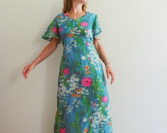 Vintage 70s Turquoise Pink Chiffon Floral Bohemian Gown / 1970s Flower Child Hippie Maxi Dress / M
